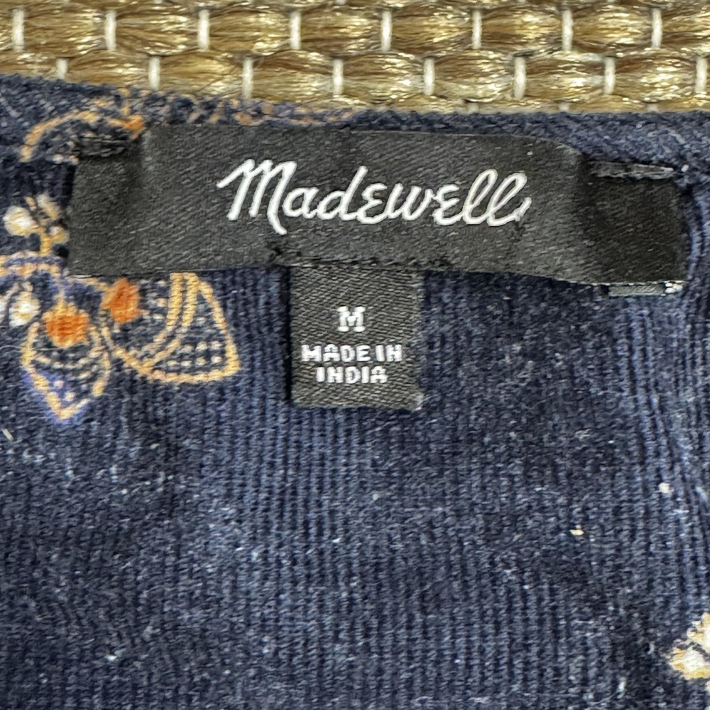 Madewell Shirt Women's Medium Corduroy Bubble Sleeve Crop Shirt Navy Blockprint - Picture 9 of 14